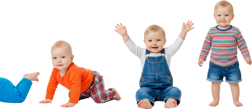 Four babies of similar age displaying various developmental milestones crawling sitting with arms raised and standing Baby Infant Child Childhood Joy Happiness - Powered by Adobe