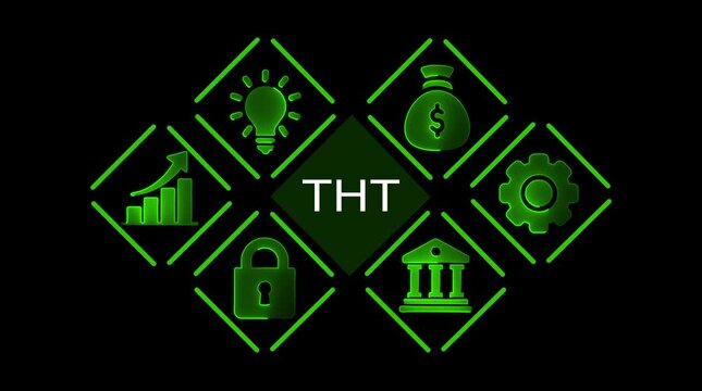 Business growth success strategy icons glowing green on black background with T H T text finance security innovation ideas and banking concepts