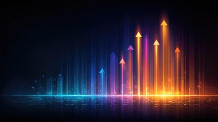 Abstract digital background with glowing arrows representing growth and progress in vibrant colors on a dark backdrop