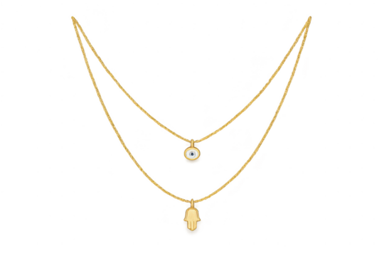 Golden layered necklace with Hamsa and evil eye pendants isolated on transparent