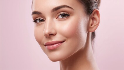 Fototapeta premium Close-up portrait of a young woman with healthy skin and subtle makeup against a soft pink background highlighting facial beauty and skincare treatments.