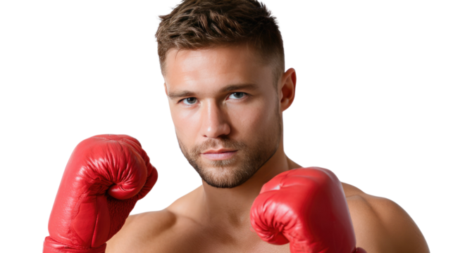 Focused Boxer with Red Gloves: A determined boxer with red gloves and intense focus prepares to engage in the art of boxing, embodying the spirit of competition and physical prowess.