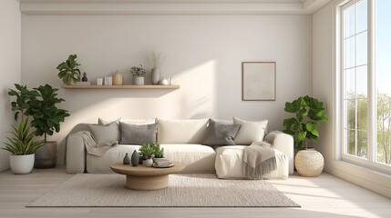 Obraz premium Neutral living room interior with simple decor and natural plants