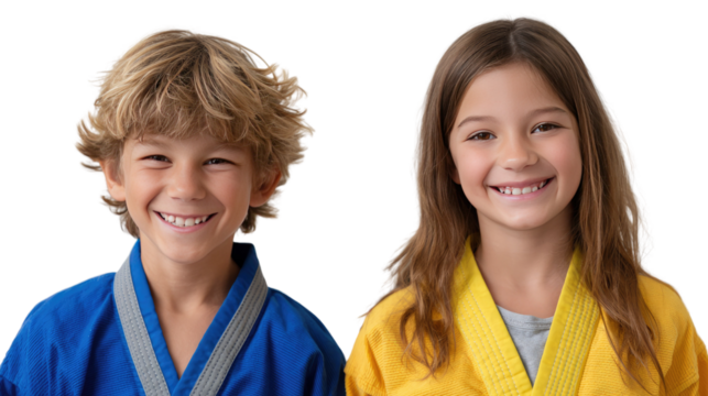 Smiling Duo: A boy and a girl, beaming with bright smiles and dressed in colorful martial arts attire, exuding confidence and joy.