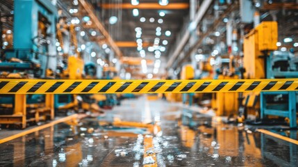 Industrial Factory Interior with Yellow Caution Tape and Machinery in Background