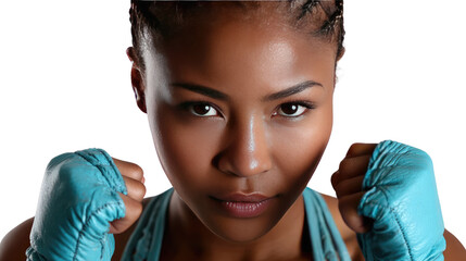 Focused Fighter: A determined young woman, adorned with boxing gloves, exudes strength and confidence as she prepares for the match, showcasing unwavering determination.