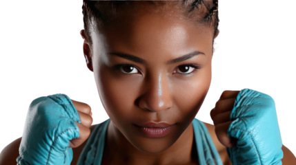 Focused Fighter: A determined young woman, adorned with boxing gloves, exudes strength and confidence as she prepares for the match, showcasing unwavering determination.