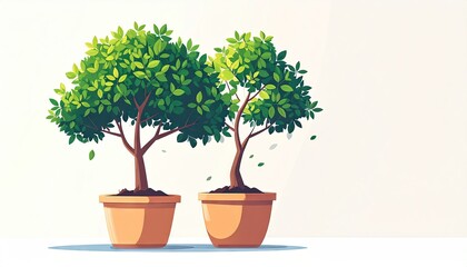 Two Potted Trees with Hexagon Shaped Leaves in Pixel Art Style Vector Illustration on Light Background