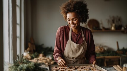 A young woman arranging homemade Christmas cookies on a baking sheet by a frosted window in a cozy kitchen with pine branches and natural holiday light