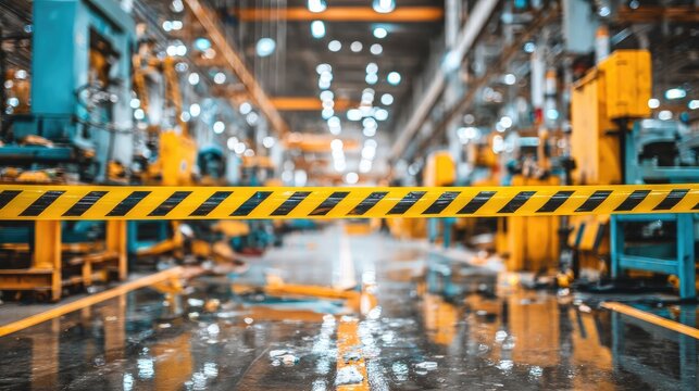 Industrial Factory Interior with Yellow Caution Tape and Machinery in Background