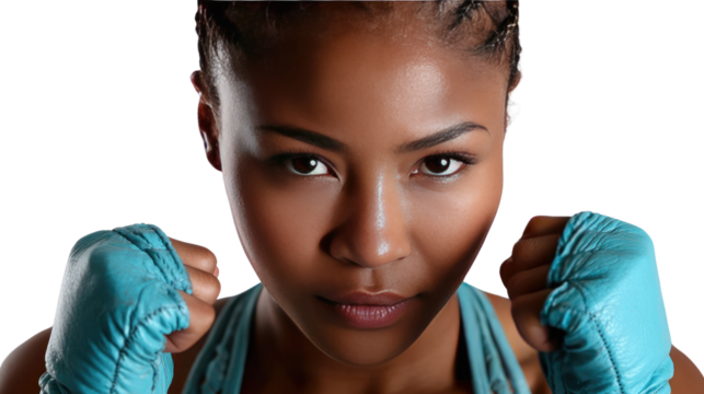 Focused Fighter: A determined young woman, adorned with boxing gloves, exudes strength and confidence as she prepares for the match, showcasing unwavering determination.