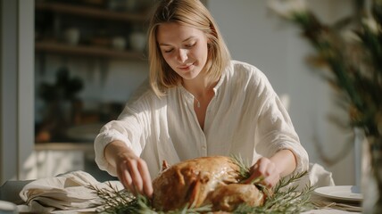 A woman in a white shirt garnishing a golden roasted turkey with fresh rosemary on a family holiday table in bright kitchen with natural daylight