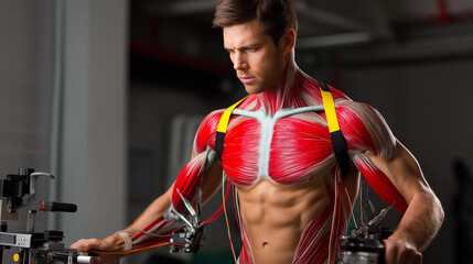 Muscular System Education: Scandinavian Sports Medicine Doctor Studies Muscle Fiber Composition on Biomechanical Analysis Screen. Using Motion Capture System He Analyzes Movement P