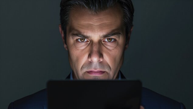 Businessman with intense expression looking at blank digital tablet screen in dark environment reflecting focus and concentration on online survey process