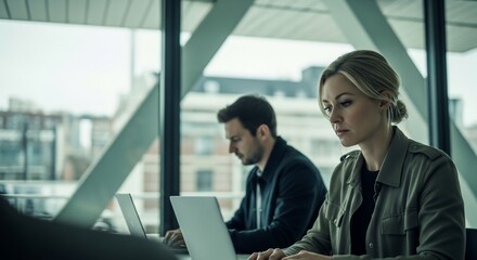 Focused professionals collaborating on laptops in a modern, sunlit office space creating innovative business solutions together for success
