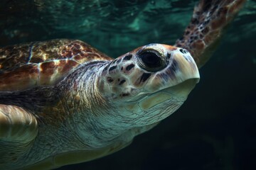Fototapeta premium underwater turtle, its shell and head above the water's surface