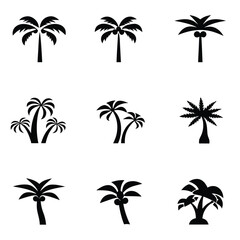 Collection of nine black silhouette palm tree icons on white background vector 1