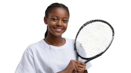 Ready to Serve: A young tennis player, radiating confidence, poised with her racket, ready for a match, embodying the spirit of competition and dedication.