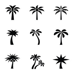 Fototapeta premium Collection of nine black silhouette palm tree icons with varied leaf shapes and trunks vector