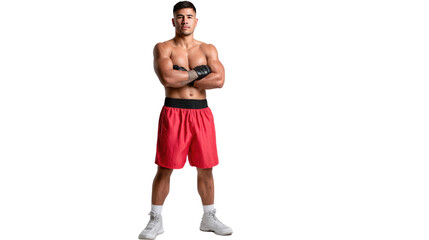 Boxer's Stance: A muscular boxer stands with arms crossed, a look of focused determination on his face, ready for the next round.