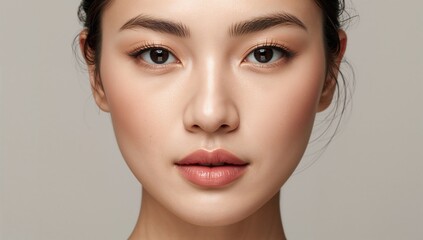 Fototapeta premium Closeup portrait of an elegant young Asian woman with clean skin and natural makeup highlighting facial features and expression on neutral background