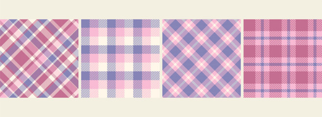 Set of pink creram and purple seamless plaid tartan pattern, colorful natural fabric swatch, textile, geometric background