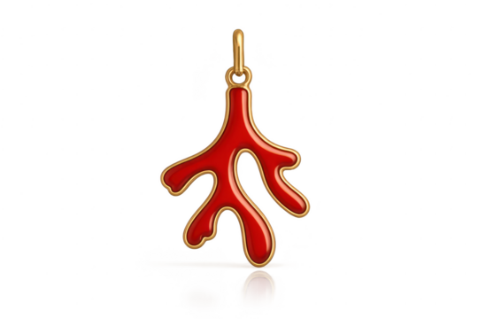 Elegant coral pendant with golden trim on transparent background, jewelry
