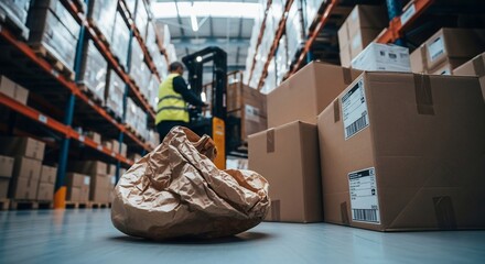 Modern warehouse operations with forklift and stacked boxes emphasize efficient logistics and supply chain management for global distribution.
