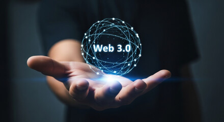 Open hand presents glowing “Web 3.0” sphere of nodes and lines, symbolizing decentralized networks, blockchain, and digital evolution.