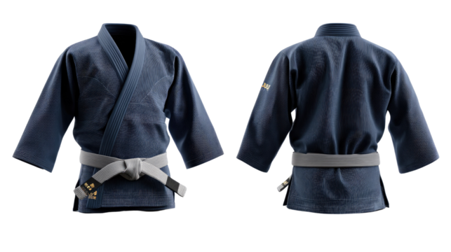 Karate Uniform: A crisp studio shot showcases a neatly arranged Karate uniform, revealing both front and back views with a grey belt, capturing the essence of martial arts apparel.