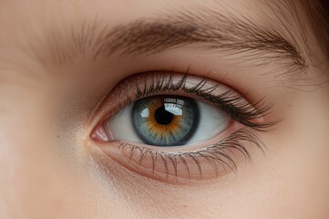 Obraz premium Close-Up Image of a Young Girl's Eye with Blue Iris and Distinctive Yellow Center, Highlighting Eyelashes and Natural Skin Tone