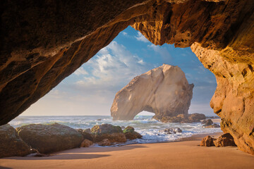 Penedo do Guincho boulder rock at Praia da Santa Cruz, Portugal