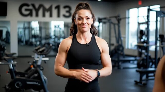 A woman in a black sports bra stands confidently in the gym, her womanly presence and muscular build reflecting dedication. Gym equipment surrounds the woman as light enters the gy