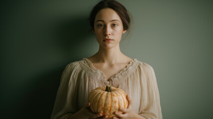 Young woman in vintage dress holding autumn pumpkin against green wall for Halloween or harvest celebration