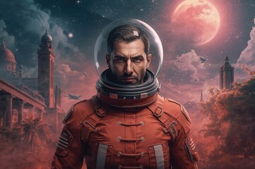 Astronaut in futuristic orange spacesuit with detailed helmet against a cosmic background featuring a large moon and dramatic landscape elements including ancient structures and clouds.