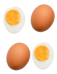 Top view set of cooked or boiled chicken eggs with egg yolk in two halves isolated on white background with clipping path