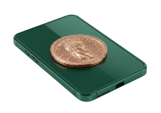 Isolated green mobile phone with a Roman coin on the surface for digital marketing ads - Powered by Adobe