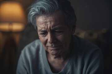 Fototapeta premium Elderly Woman with Gray Hair Displaying Signs of Discomfort and Concern in Dimly Lit Interior Space with Soft Lighting
