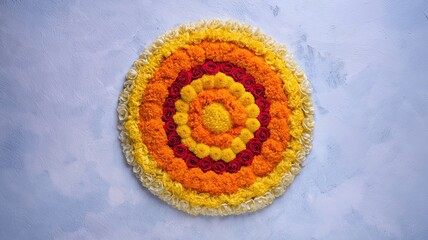 Top view of circular pookalam floral art using fresh marigold and carnation petals on wooden floor for Indian Onam festival