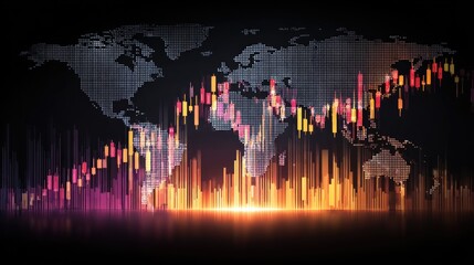 Abstract financial background with world map and candle stick chart in vibrant colors for trading and investment themes