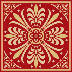 Vector gold with red classic Greek square ornament. Rectangle of Ancient Greece and Roman Empire. Byzantine painting of walls, floors and ceilings. Decoration of European palaces.