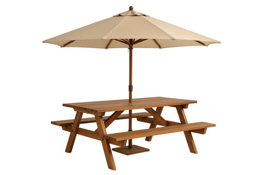 Wooden picnic table with umbrella isolated on transparent background