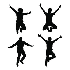 Dynamic silhouette collection four joyful people jumping energetically capturing movement and freedom in a clear white space silhouette