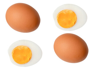 Top view set of cooked or boiled chicken eggs with egg yolk in two halves isolated on white background with clipping path