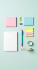 Overhead shot of a pastelcolored stationery set on a light blue background, including a notebook, sticky notes, pen, paper clips, and washi tape, arranged in a neat and organized manner, perfect for a