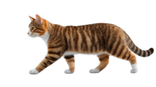 Graceful feline stride: A meticulously detailed view captures the graceful side profile of a sleek, striped tabby cat, confidently walking, showcasing its natural elegance.