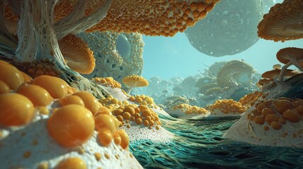 Surreal science fiction cellular landscape with honeycomb bubble textures arching over turquoise water and glowing organic forms