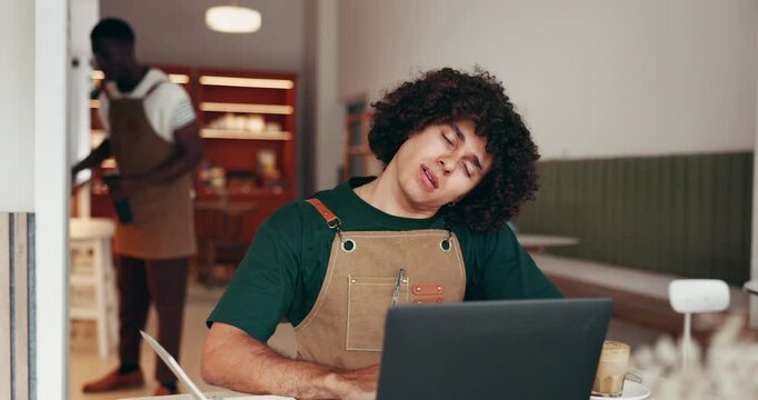 Stretching, business and man in cafe with laptop, completed task and overworked in posture adjust. Tired, burnout and employee in coffee shop with tech, exhaustion and backache in work project.