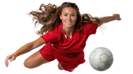 Soccer Player's Dynamic Leap: A spirited soccer player in a vibrant red uniform leaps with skillful precision, her dynamic form suspended in the air, embodying the intensity and passion of the sport.