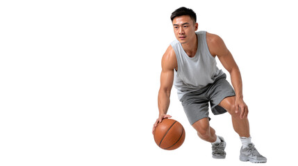 Basketball Player Dribbling: A skilled basketball player dribbles the ball with intense focus, exhibiting athletic prowess and determination in a studio setting.